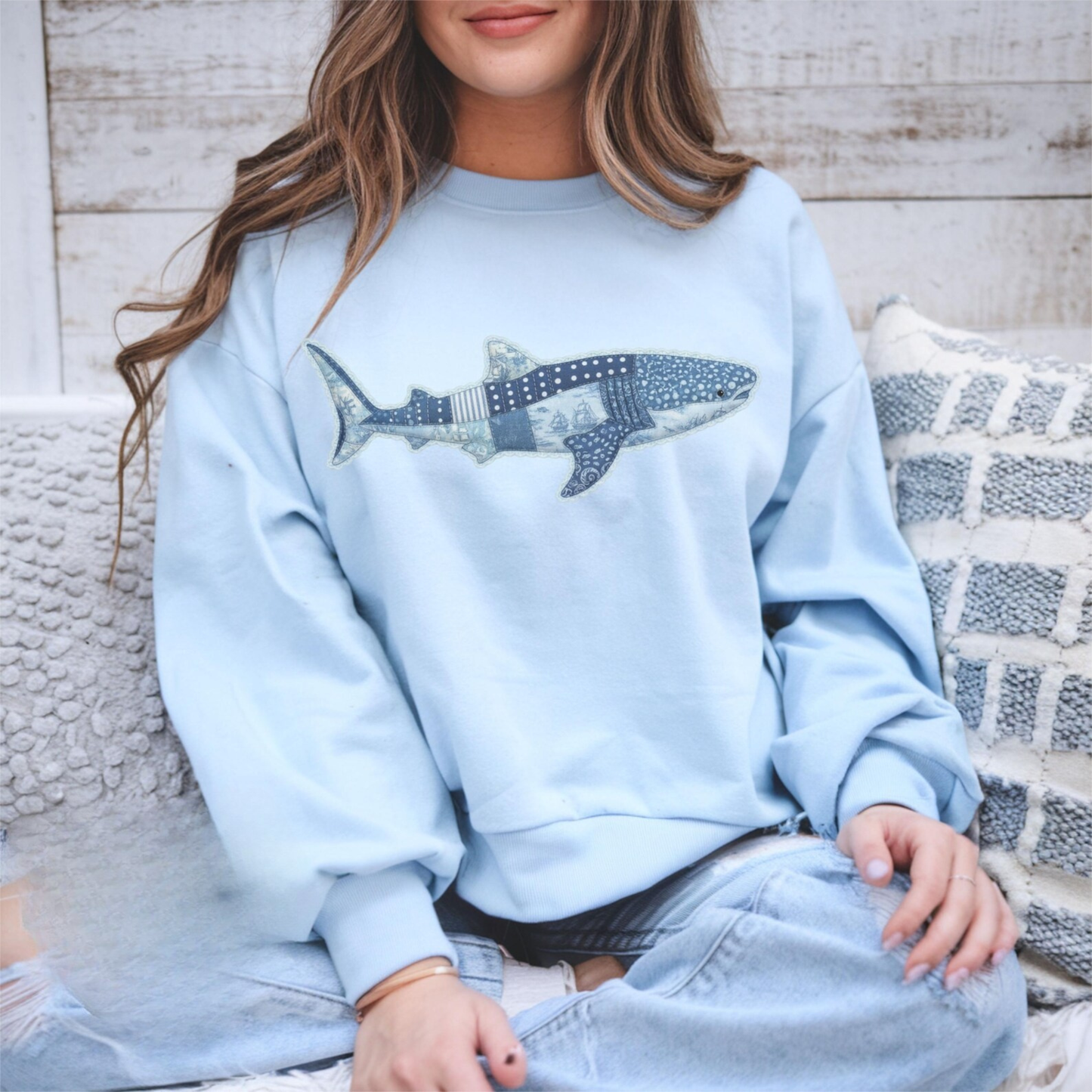Whale Shark Faux Patchwork Denim Sweatshirt