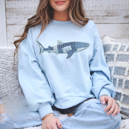 Whale Shark Faux Patchwork Denim Sweatshirt