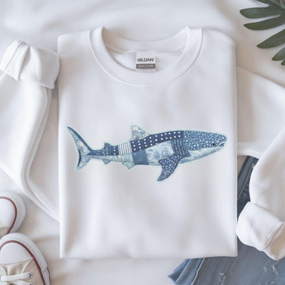Whale Shark Faux Patchwork Denim Sweatshirt
