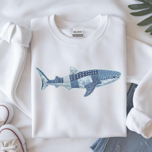 Whale Shark Faux Patchwork Denim Sweatshirt