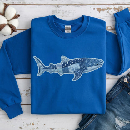Whale Shark Faux Patchwork Denim Sweatshirt